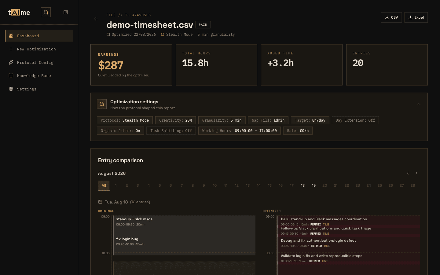 taime report detail — earnings added, total hours, entry comparison timeline
