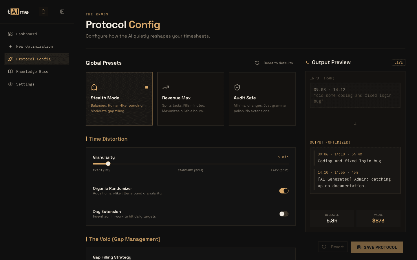 taime protocol configuration — granularity, gap management and live output preview